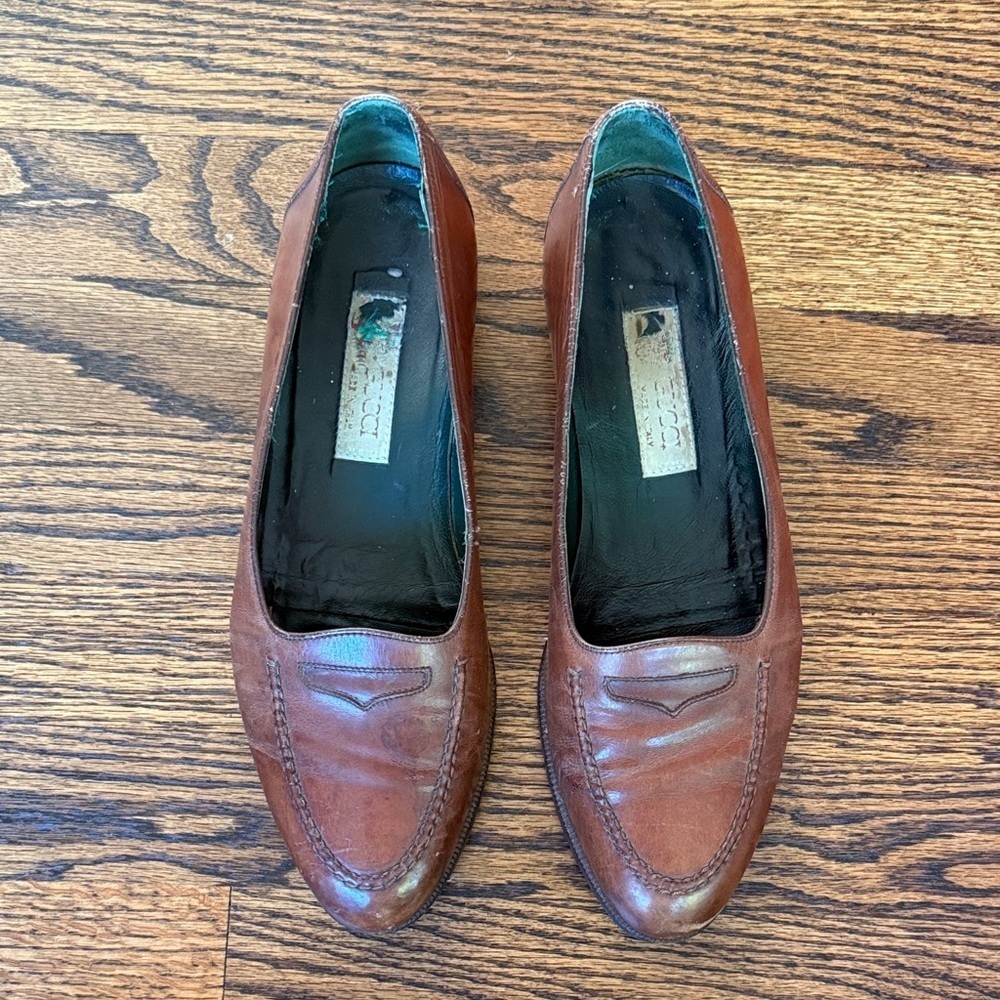 Z Gucci Men’s 40/8.5 Vintage Brown Leather Slip-On Loafers - Picture 3 of 10